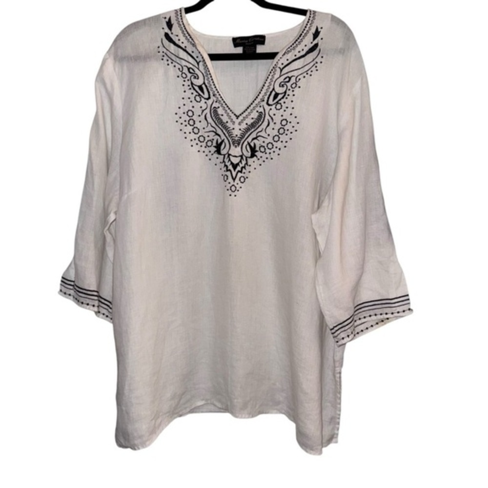 Marisa Christina White black embroidered Linen Shirt 2X​​ light weight sustain​ - Picture 2 of 4